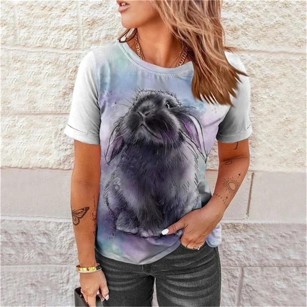 

Простой стиль, повседневная женская футболка с милым кроликом, 3D красками и забавным узором для отдыха и отпуска, летняя модная женская футболка с короткими рукавами 2XL