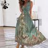 Vestidos casuales de cintura alta con cuello en V sin mangas con estampado de flores de primavera y verano para mujer