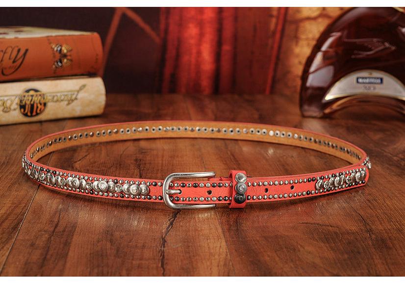 Ethnic Style Retro Rivet Leather Belt with Rhinestone Inlays for Women