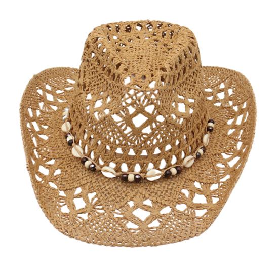 Straw Cowboy Hat for Men Women Western Cowgirl Hat with Shapable Brim Woven Hollow Out Beach Coastal Sun Hat