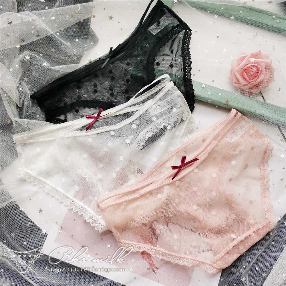 Roztomilé krajkové spodní prádlo s puntíkovanou síťovinou, s průstřihy a křížením na zádech, kalhotky s nízkým pasem, sexy roztomilé dámské kalhotky
