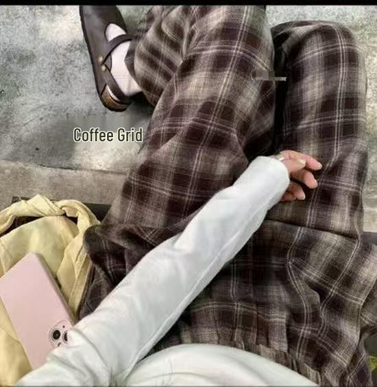 Plaid High-Waisted Women's Wide-Leg Pants - 2025 Autumn/Winter, Korean Style, Fleece-Lined, Loose Fit, Floor-Length.