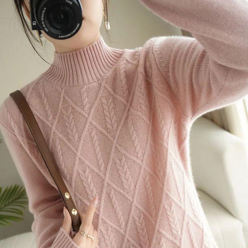 Half Turtleneck Sweater Dress for Women In Autumn and Winter Knee-length Sweater Long Dress Solid-colored Pullover Warm High-neck Knitted Dress