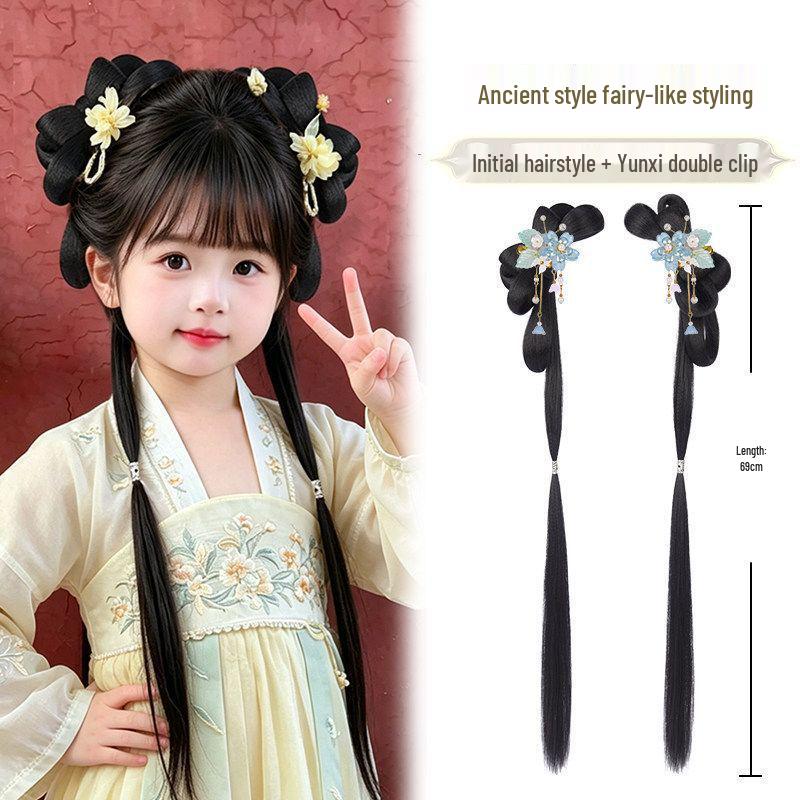 Girls' Hanfu Wig: Ancient Headdress, Children's Bun Bow Updo
