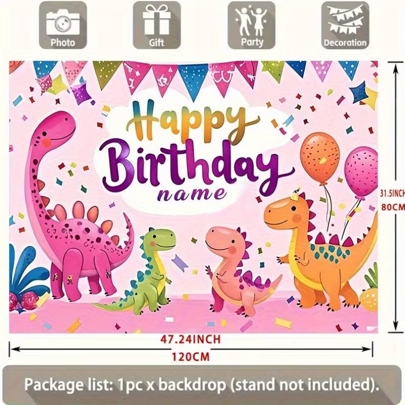 Cute Pink Dinosaur Birthday Backdrop, 100cm Customizable Name Party Background Banner for Girls Kids Birthday Decor
