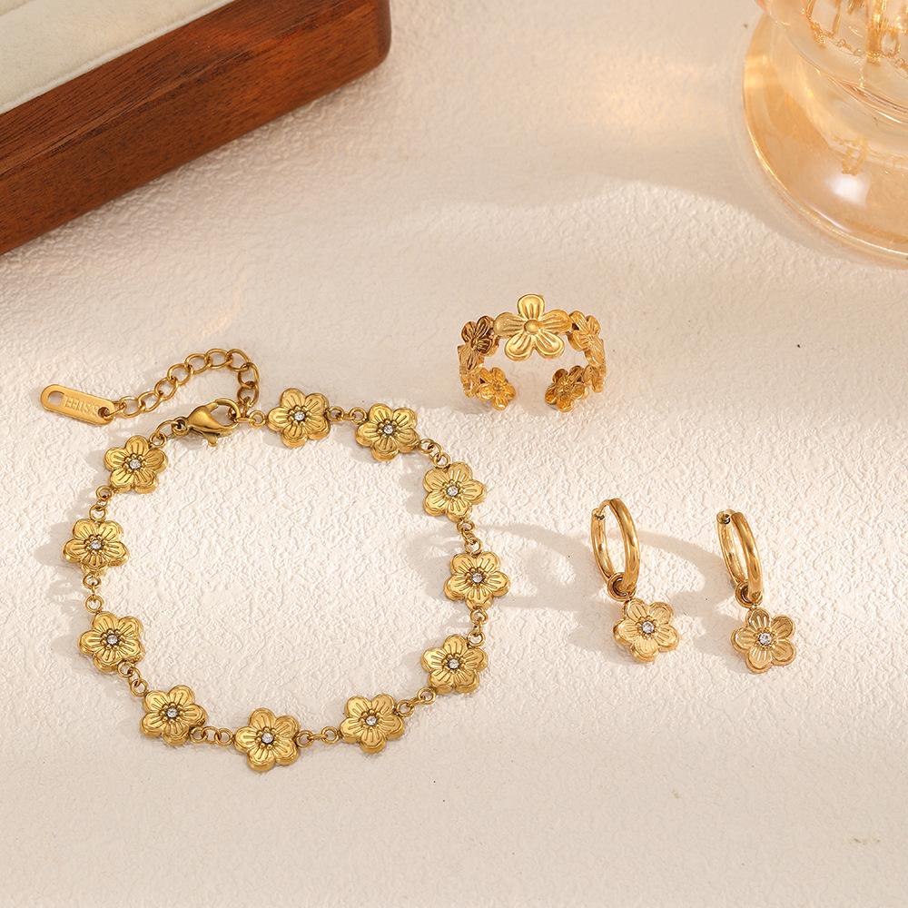 Fashion Creative Delicate Stainless Steel Flower Bracelet Earring Set for Women Party Birthday Daily Cute Romantic Zircon Gift