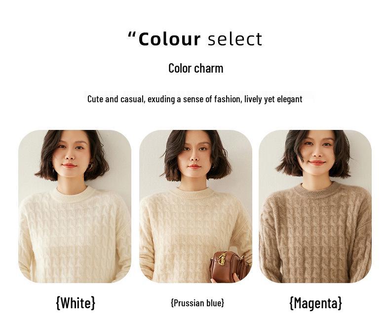 Women's Slim Fit Retro Cable Knit Cashmere Sweater - Round Neck Pullover, Base Layer for Autumn/Winter.