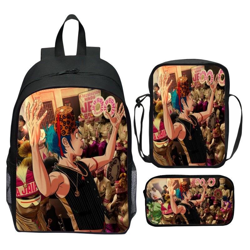 Gorillaz UK Virtual Band Printed Cartoon Backpack 3-Piece Set School Bag Lightweight Large Capacity