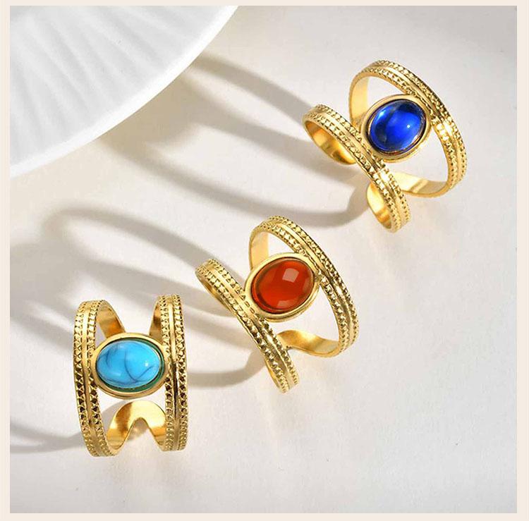 Waterproof Stainless Steel Rings for Women, Double Layered Open Adjustable Oval Nature Stone Bohemian Stylish Fashion Jewelry