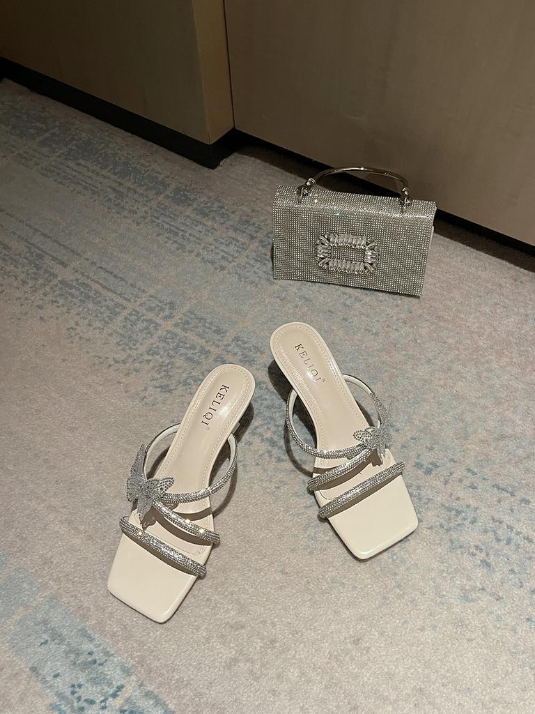 fashion Fashion Women Slides Slippers Open Toe Summer Outside Thin High Heels Casual Party Pumps Ladies Silver White Dress Shoes Woman