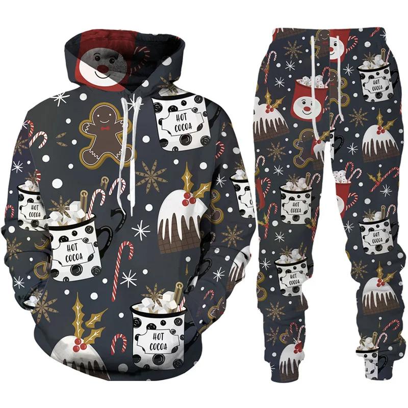 Autumn Winter Men Merry Christmas Hoodie Set Cartoon Santa Claus Clothing Male Fashion Hooded Coat Pullover Casual Streetwear