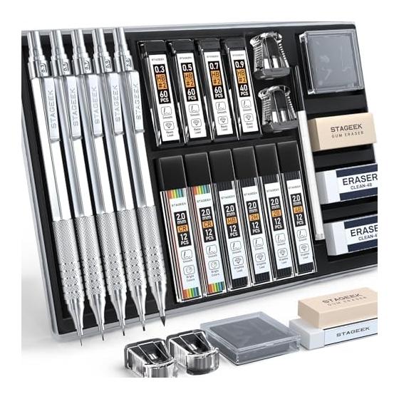 STAGEEK 21 Pcs Metal Mechanical Pencil Set, Art Pencils 0.3 0.5 0.7 0.9 2mm Lead Holder HB 2H 2B 4B, 10 Color Graphite Lead Refill Tubes, Eraser with