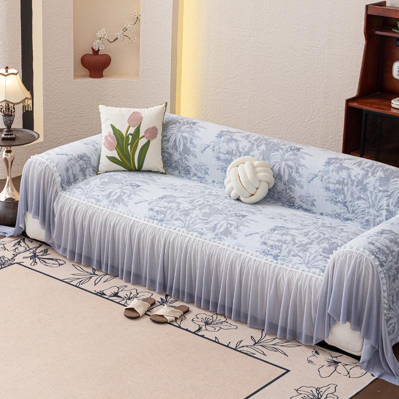 Universal Chenille Sofa Cover French Ruffled Edge Creamy Aesthetic Flower Pattern Anti-Slip Gradient Couch Cushion Mat
