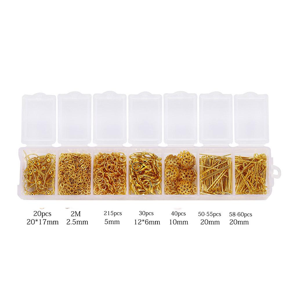 420 Stück/Karton Schmuckherstellungs-Kits Halsketten-Ketten Ohrhaken Kopf-Nadeln Biegeringe Karabinerverschluss DIY Schmuckzubehör Set Zubehör