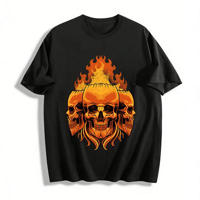 Vintage Flame Three-Headed Skull Print Dark Style Men's Casual Tee Pure Cotton T-shirt