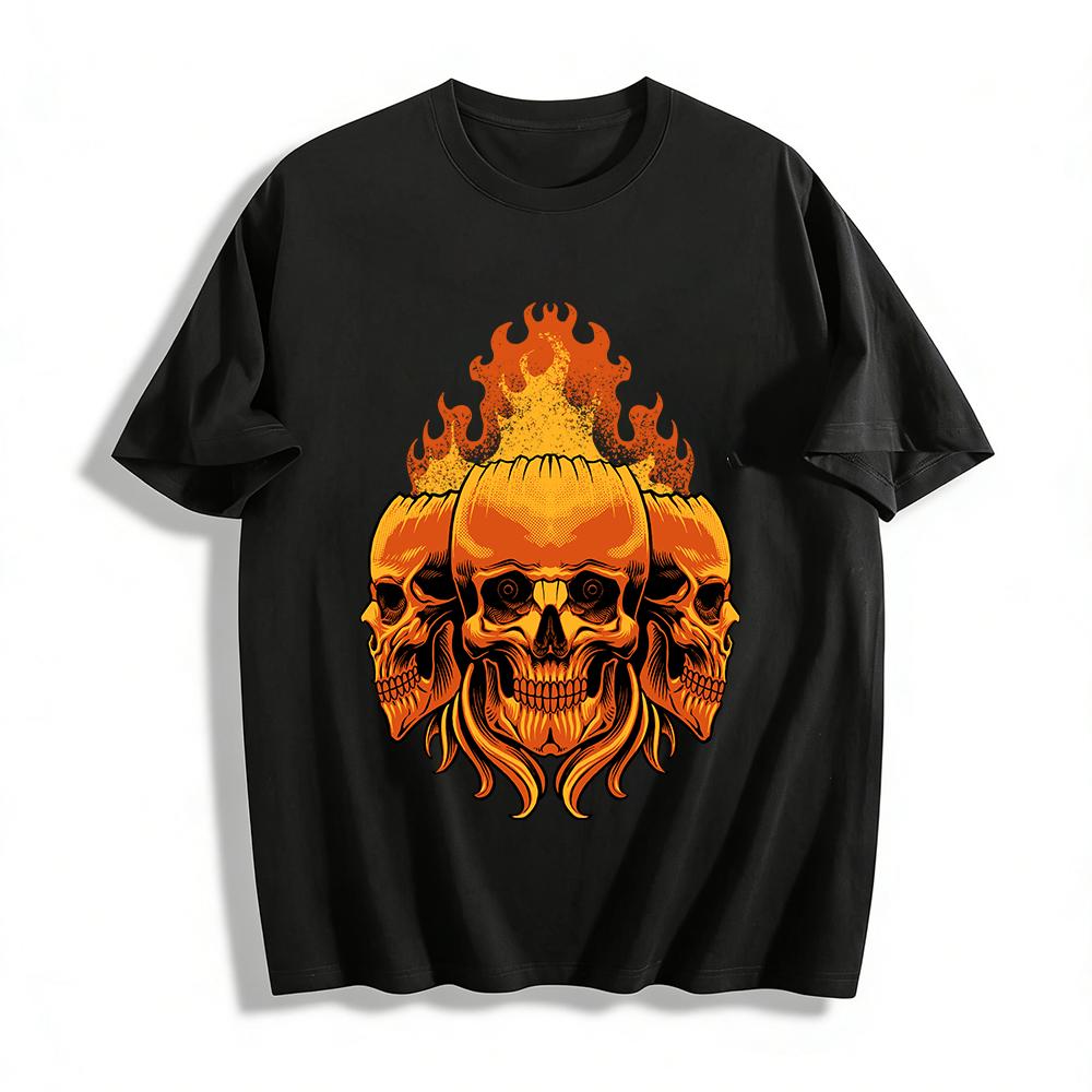 Vintage Flame Three-Headed Skull Print Dark Style Men s Casual Tee Pure cotton T-shirt XXS