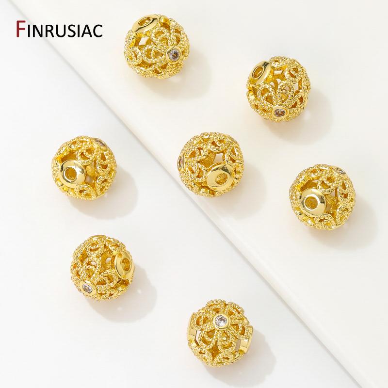18K Gold Plated Brass 10mm Hollow Spacer Beads,Separators For Beads,Inlaid Zircon Round Beads For DIY Jewelry Making Findings