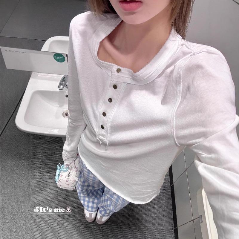

White Half-button Stitching Long-sleeved Women s Spring and Autumn Design Casual Versatile Top Trendy S белый