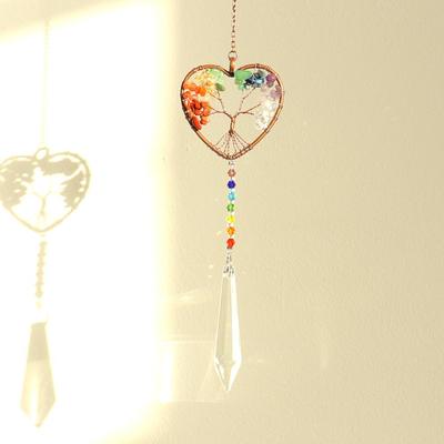 Natürlicher Herzförmiger Siebenfarbiger Stein Lebensbaum Autoanhänger & Quaste Wandbehang Yoga Ornament T129