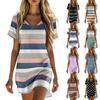 Women's Summer Casual V Neck Short Sleeve Striped Dress Loose Fit Lightweight Soft Fabric Knee Length