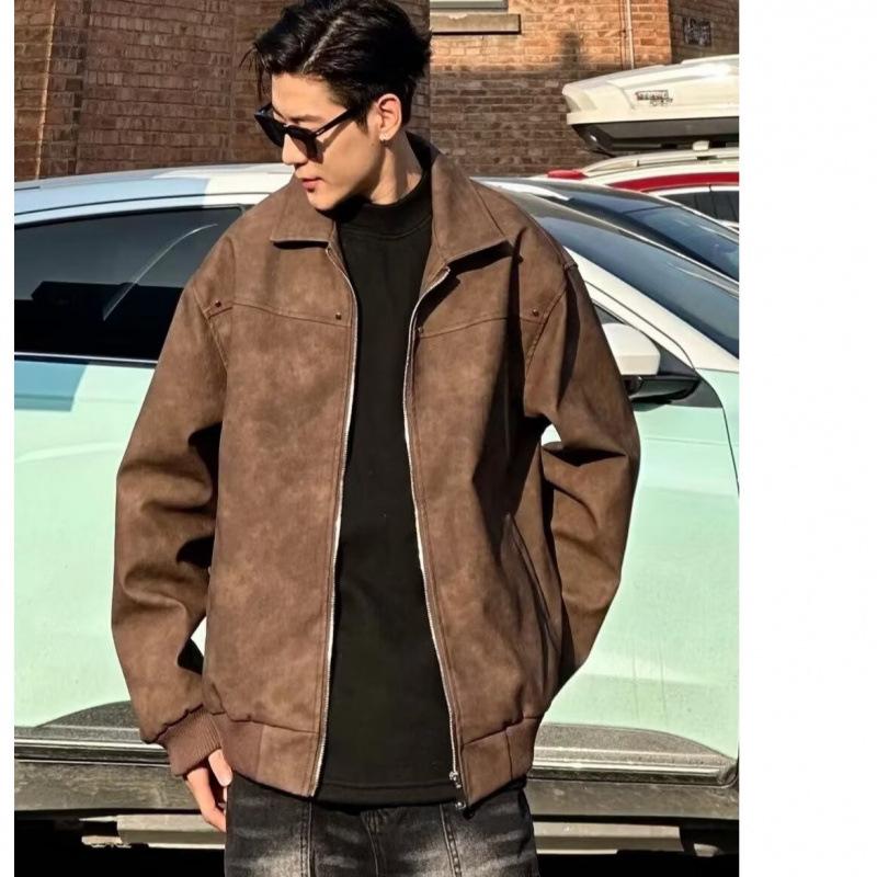 Spring new Maillard retro old brown suede jacket locomotive jacket trendy men's and women's high-end short coat