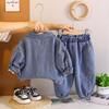 0-5-year-old boys' long sleeved 3-piece set, Children's cartoon printed denim jacket, Round neck white T-shirt, Casual denim pants