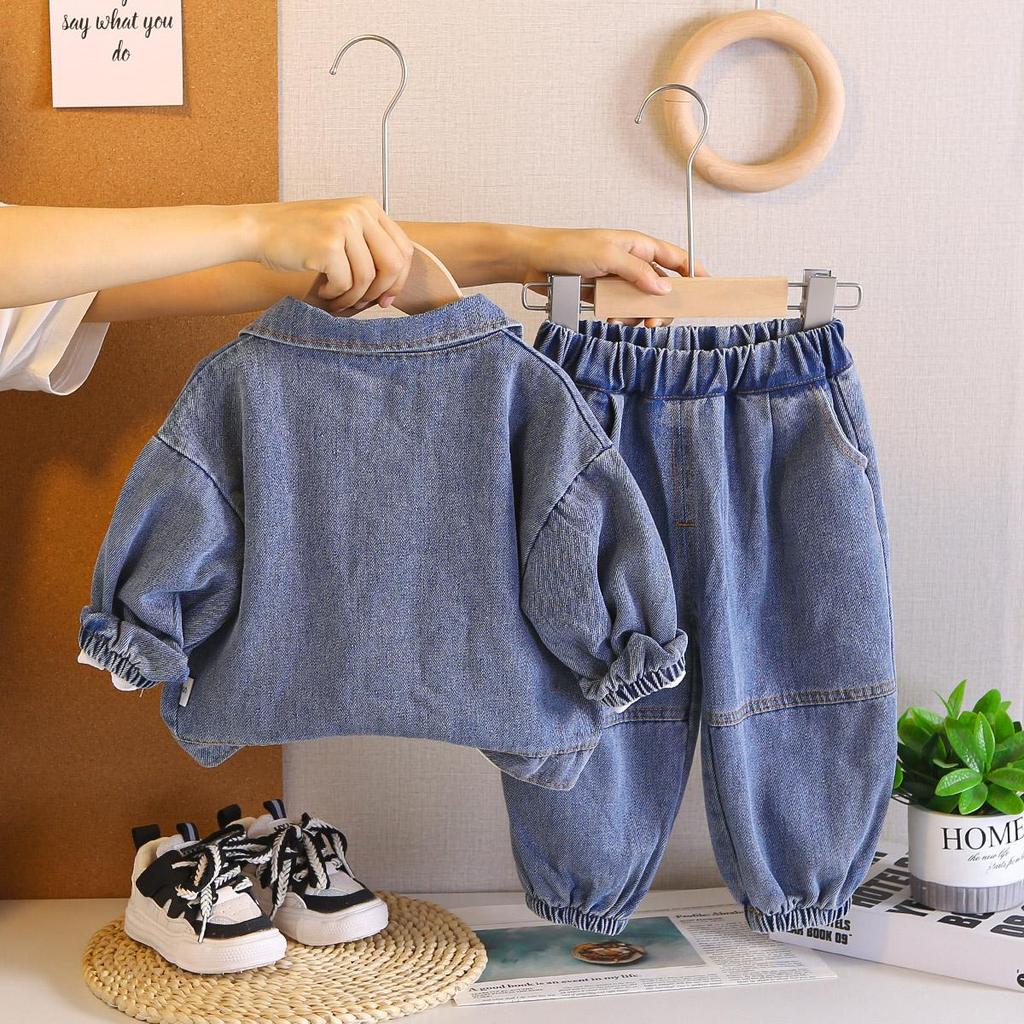 0-5-year-old boys' long sleeved 3-piece set, Children's cartoon printed denim jacket, Round neck white T-shirt, Casual denim pants