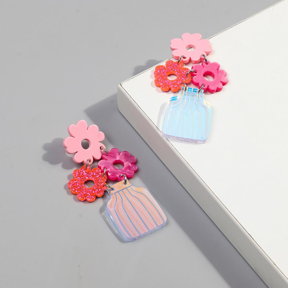 Creative Fantasy Flower Water Bottle Acrylic Earrings for Women Sweet Fashion Laser Vase Long Dangle Earring Retro Jewelry Gifts