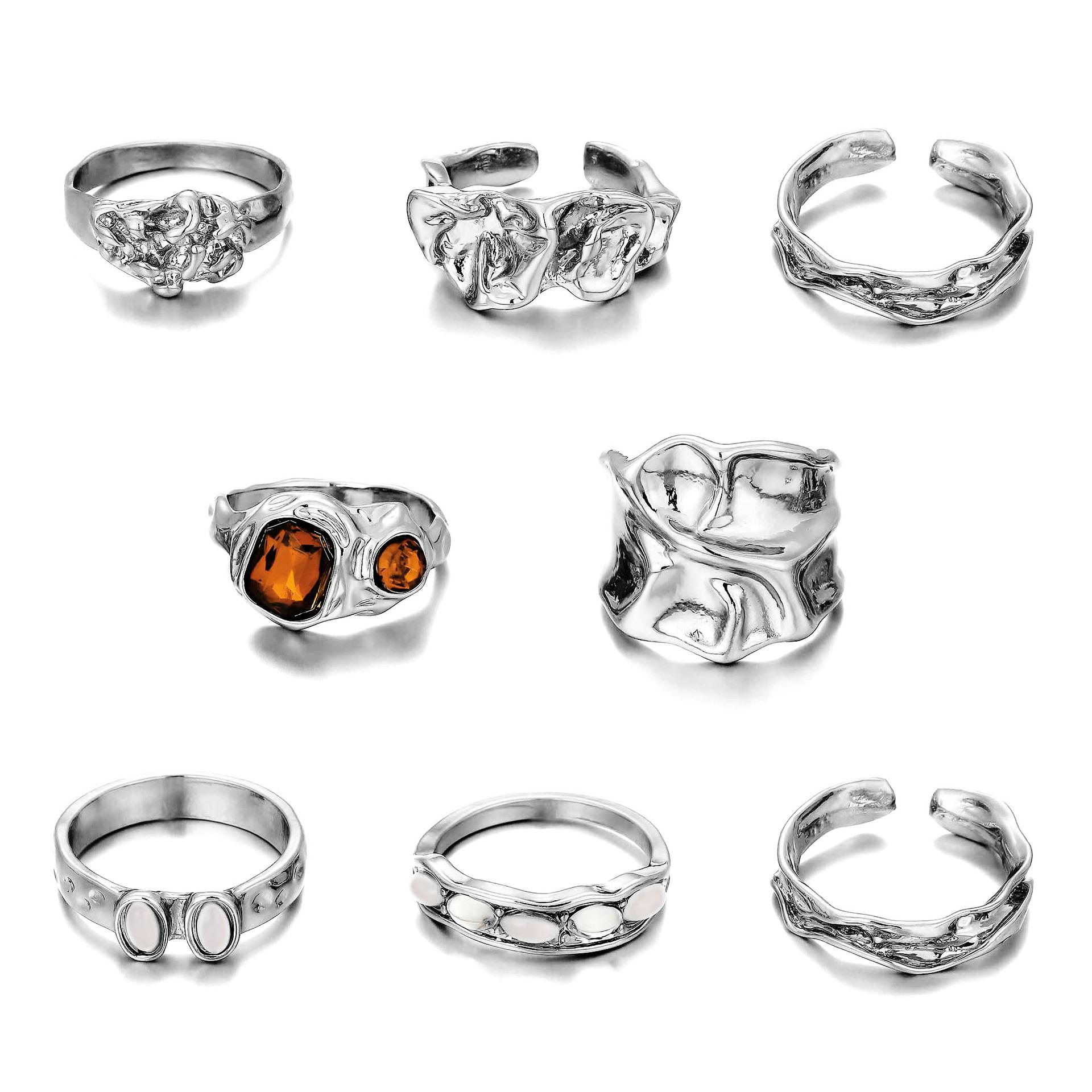 

8pc Geometric Niche Design Vintage and Retro Alloy Ring - Irregular Set with Diamonds Ring Set for Women срібний