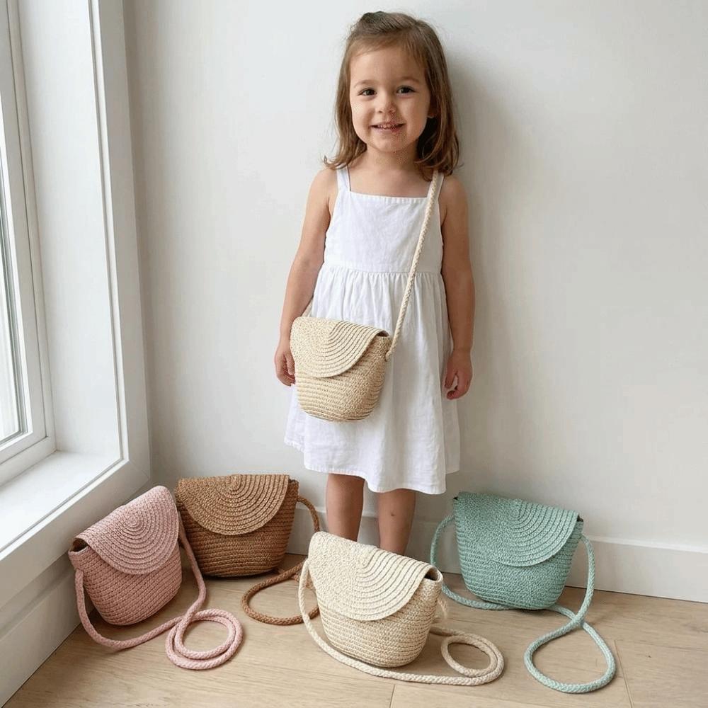 Pure Color Kid Woven Crossbody Bag Handmade Rattan Bag Bohemia Handwoven Beach Bag Summer