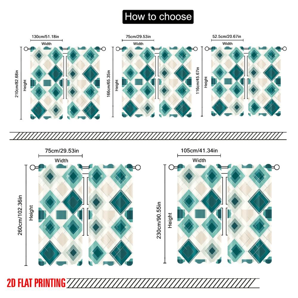2pcs,2D Plane Printing Contemporary Curtains Geometric Mint Squares Versatile Fabric (without Rod) Art Deco Festive Perfect for