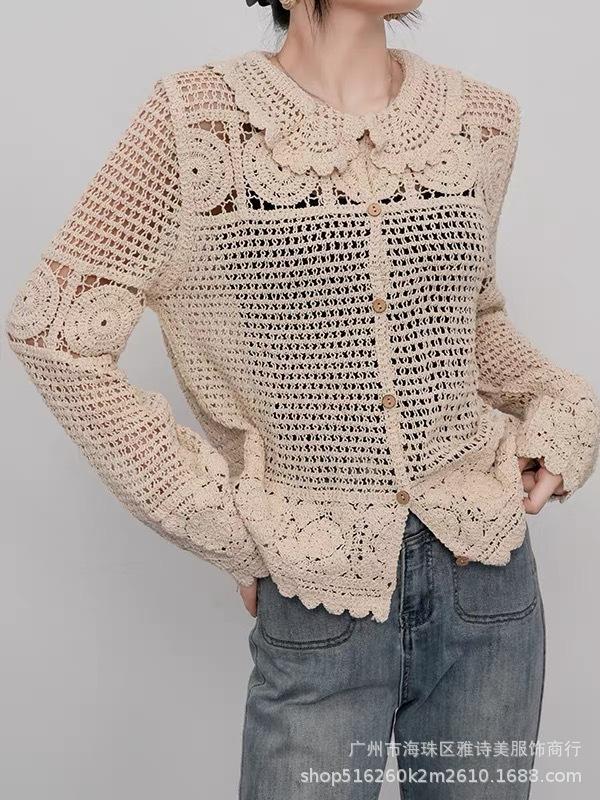 Fashion loose and thin hollow crochet knitted sweater women's new foreign style unique chic cardigan long-sleeved top