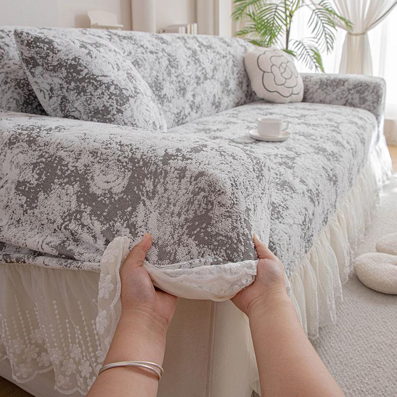 French Jacquard Elastic Sofa Cover With Skirt Hem All-Cover Anti Cat Scratch Couch Slipcover Elegant Rose Furniture Protector