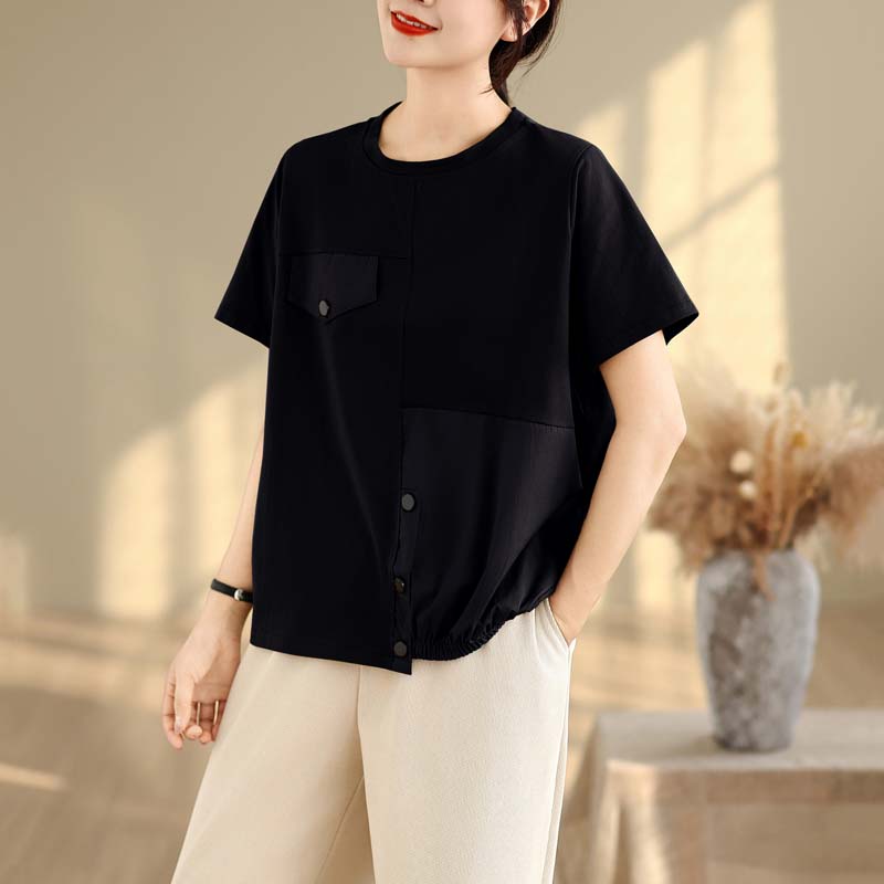 DIMANAF 2025 New Summer Plus Size T-Shirt Women Short Sleeve Buttons Vintage Loose Tops Tees Maxi