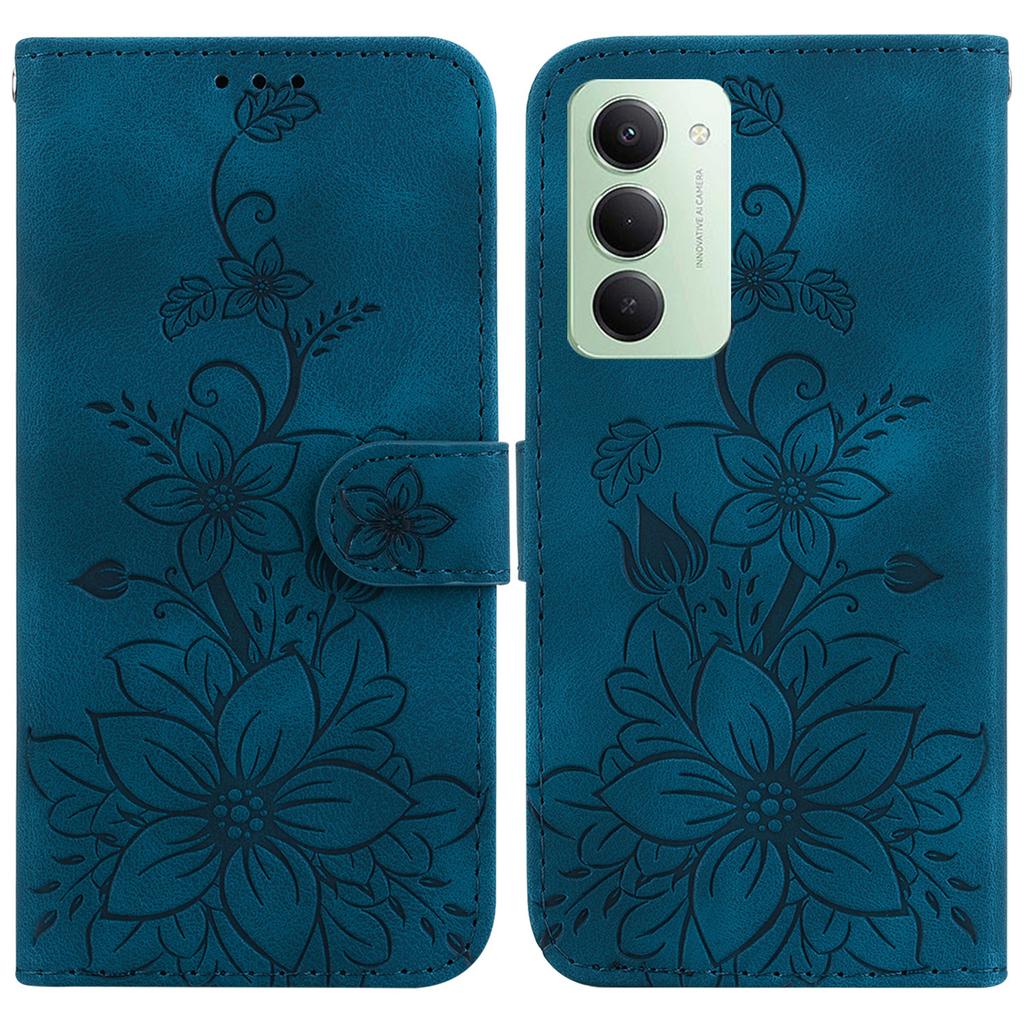 For Xiaomi Redmi 15 4G (EU) (171mm) Stand Case Lily Flower Imprint Leather Phone Cover with Wrist Strap