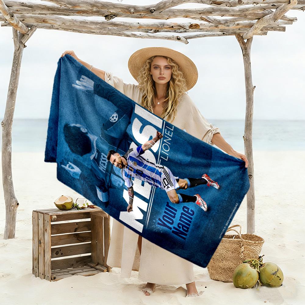 Football Messi Personalized Name Beach Towel Quick-Dry Soft Microfiber Suitable for Swimming Gym Camping Yoga Vacation