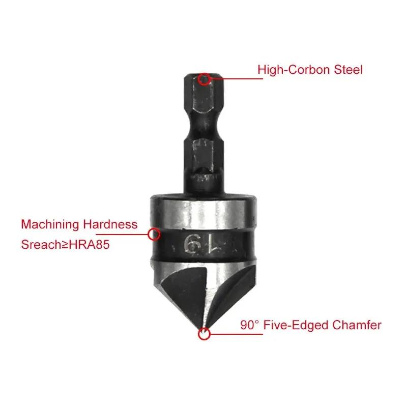 3PCS  90° 5-Flute Countersink Drill Set - Hex Shank Chamfer Tool for Wood (12/16/19mm) Hole Deburring & Opening | Professional