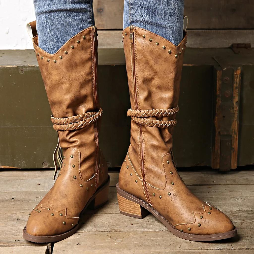 Fashion Women's Long Boot Retro Pointed Toe Knight Boots Shoes Autumn Winter Medium Thick Heel Fashion Belt Buckle Femme Shoes Size36-42