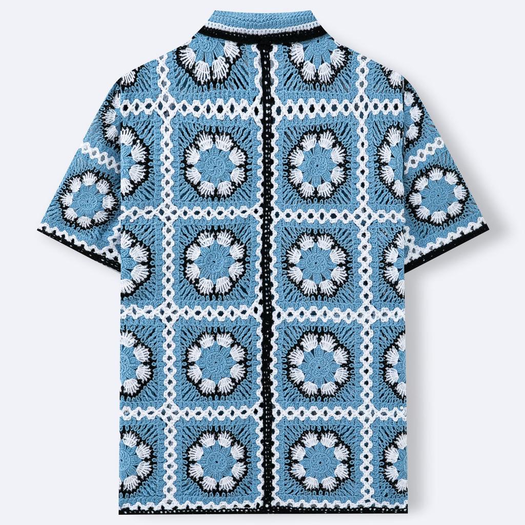 Casual Button Down Shirt for Men Vintage Knitted Golf Beach Collared Shirts Tops Crochet Hollow Out Summer Vacation Top Men's Knit Short Sleeve Shirt