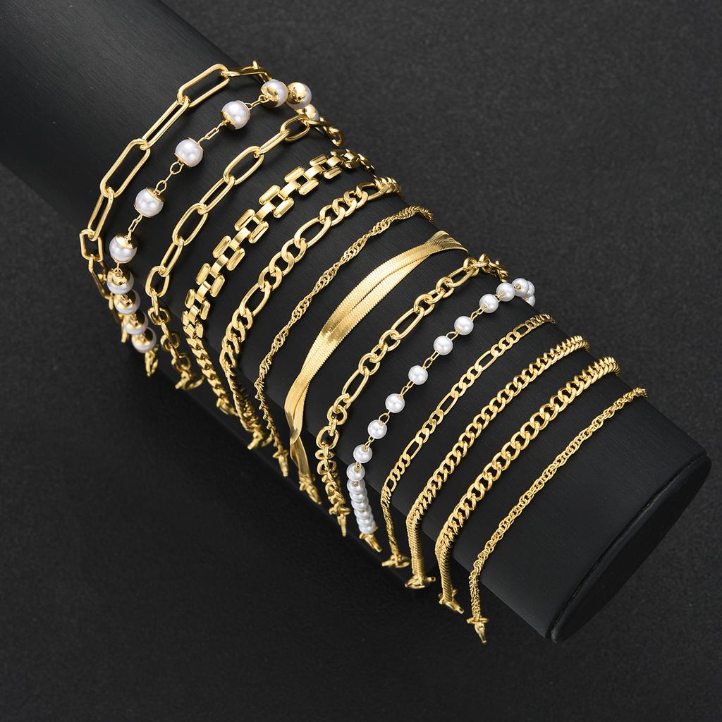 13pcs Fashion Geometric Pearl Bracelet Set for Women Simple Boho Gold Color Twist Smooth Chain Design Bracelets Elegant Jewelry