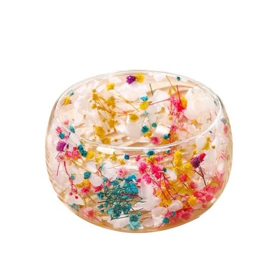 Doppelwandige Glasschale mit echten gepressten Blumen Hitzebeständig Kältebeständig Transparent Lebensmittelschale für Salat Dessert Servieren Niedliche Heimküchendekoration