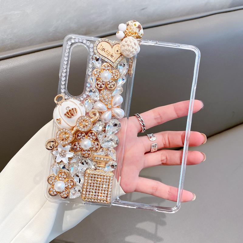 Luxus Bling Strass Handytasche für Samsung Galaxy Z Fold 4 3 2 DIY Diamant 3D Kürbis Perle Blume Herz Abdeckung