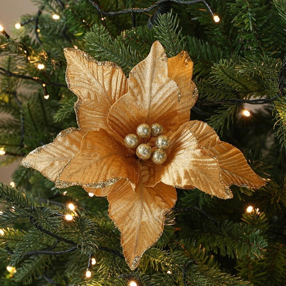 Large Poinsettia Glitter Flower 26cm Xmas Tree Decorations New Fake Flowers Christmas Decoration