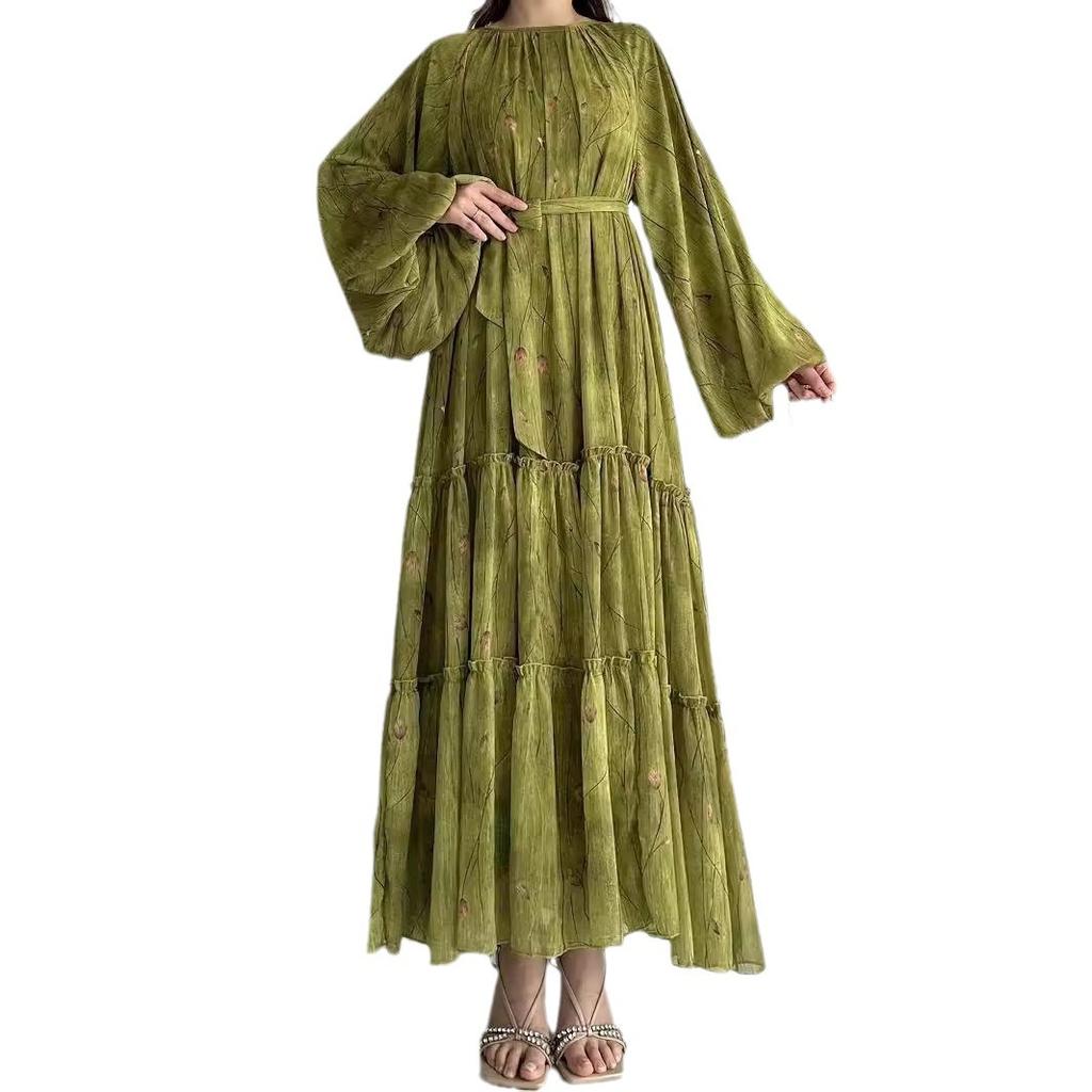 Eid Muslim Abaya Dress Women Print Chiffon Sashes Jalabiya Kaftan Islam Vestidos Largo Arab Long Robe Ramadan Morocco Abayas