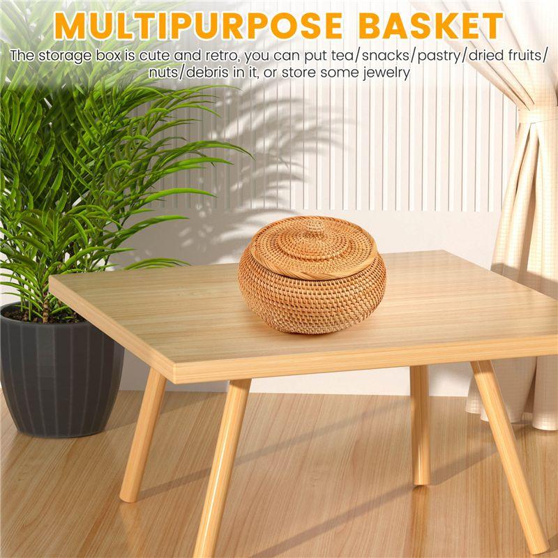Versatile Storage Basket Hand-Woven Rattan Woven With Cover Round Primary Color Chinese Jewelry Snacks Tea Set Storage Box
