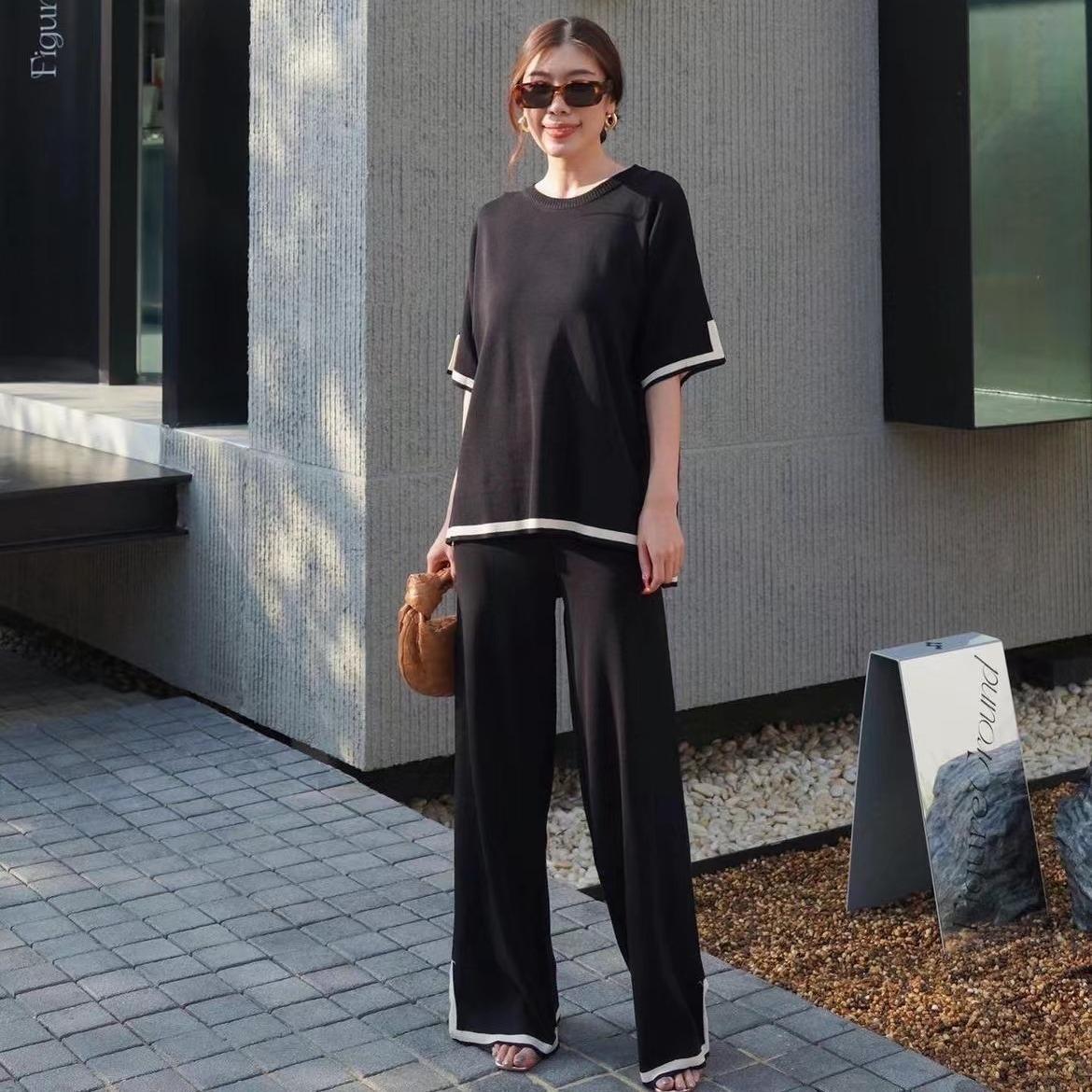 

Весенне-летний женский свитер с разрезом и длинными рукавами, обтягивающие широкие брюки с высокой талией, комплект из двух предметов