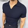 INCERUN Men Lapel Neck Short Sleeve Solid Color Casual Fitted T-shirts Tops