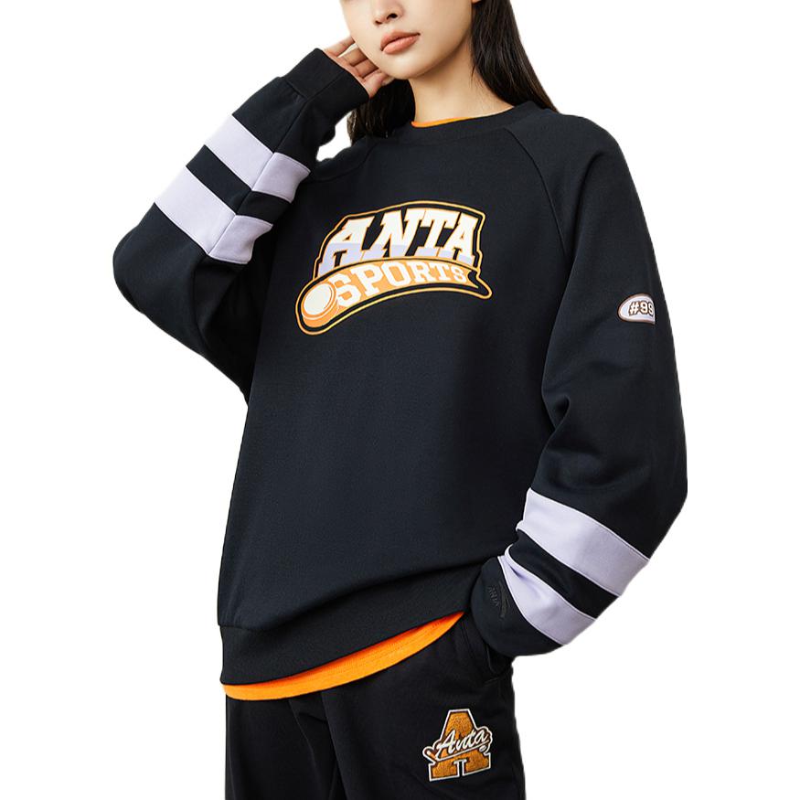 Anta Lifestyle Series Letter Stripe Pattern Printed Round Neck Long Sleeve Sweatshirt Women Sweatshirt Basic-Black 162248739S-2