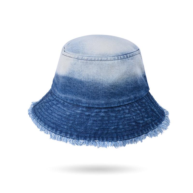 8452 New Hat Women's Gradual Change Denim Bucket Hat Showing Face Small Rough Edge Basin Hat Outdoor Sunshade Sun Protection Hat