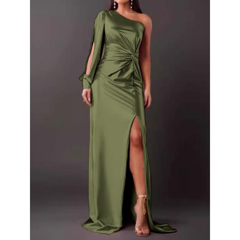 Summer New Women's Clothing Diagonal Collar Shoulder Sleeve Pleated Waist Split Sexy Dress